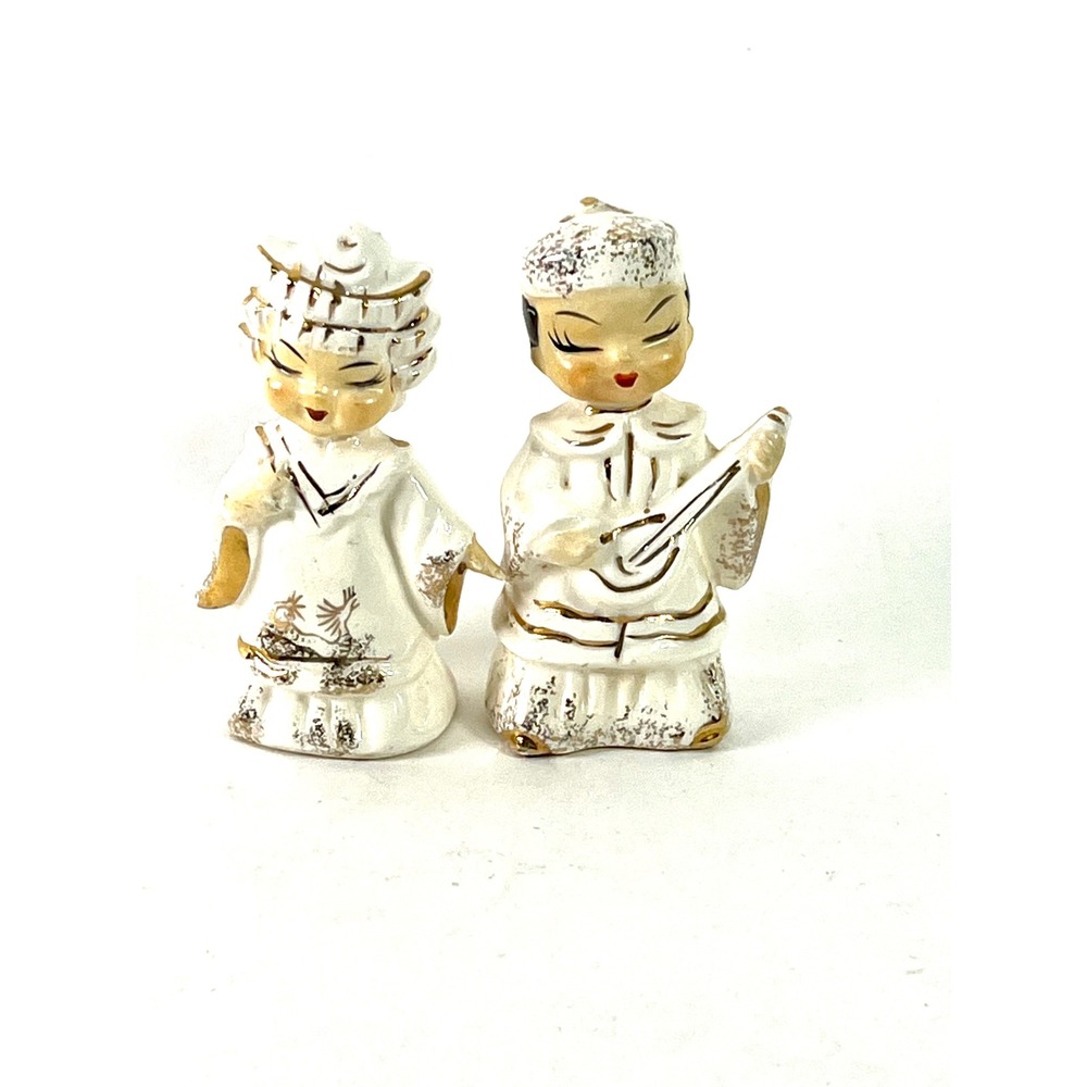 Vintage Mid Century Asian Boy and Girl Salt and Pepper Shakers Gold Trim Japan